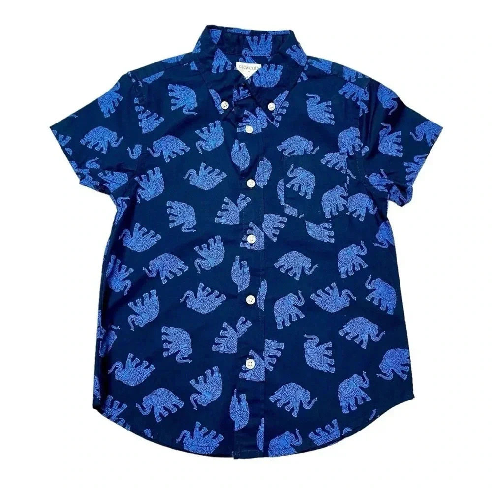 Crewcuts by J.Crew NWT Boys Elephant Print Cotton Shirt Size 4-5 Navy
